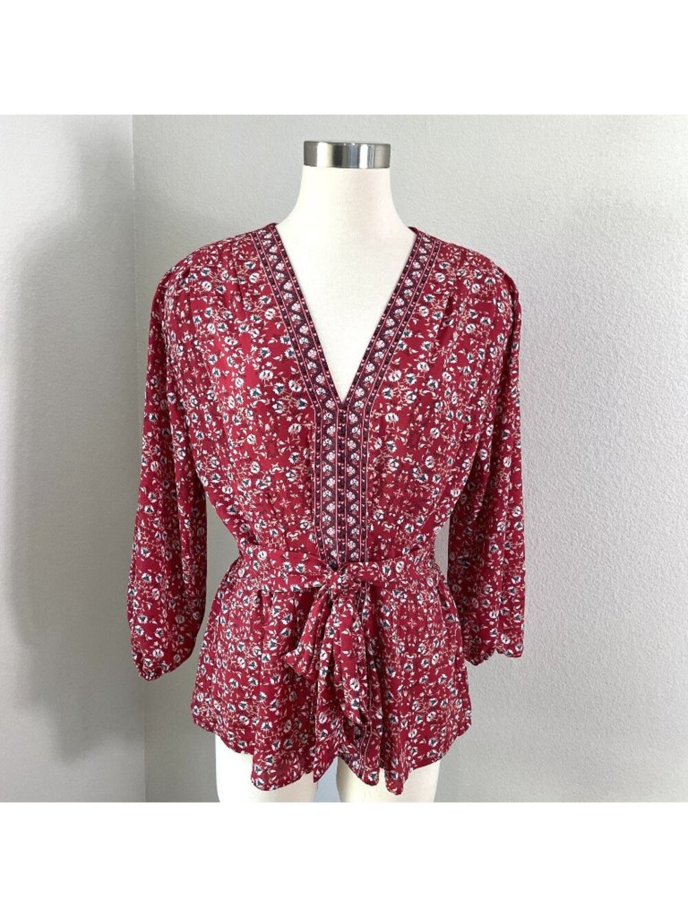 NEW $88 Max Studio Womens Large Floral Tie Waist Blouse Shirt Top Long Sleeve